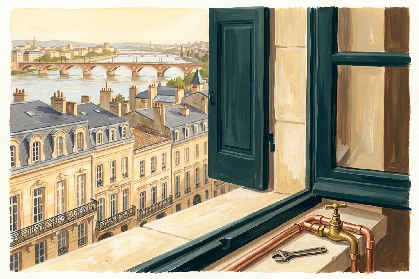Robinet de laiton et tuyaux de cuivre au bord d’une fenêtre ouverte sur les façades de pierre blonde et la Garonne