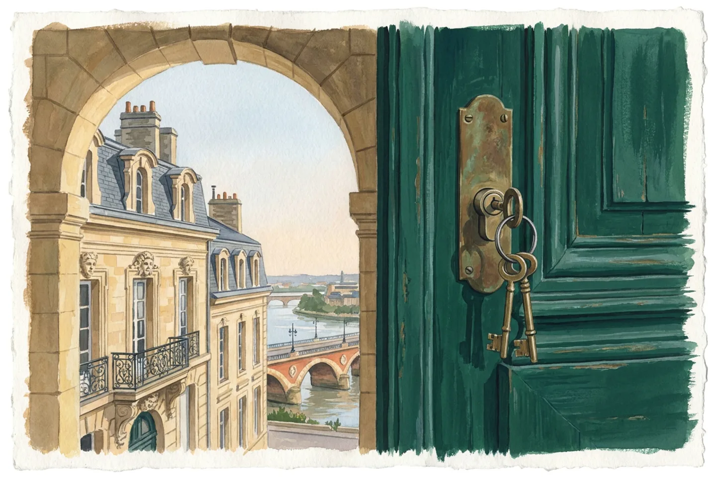 Porte ancienne peinte en vert d’encre, entrée de serrure et clés de laiton, ouverte sur les façades de pierre blonde et les arches du pont de pierre