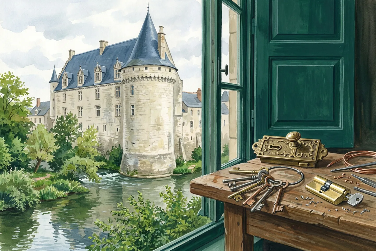 Serrure de laiton, trousseau de clés et cylindre sur un établi devant une fenêtre ouverte sur le château Raoul et l’Indre