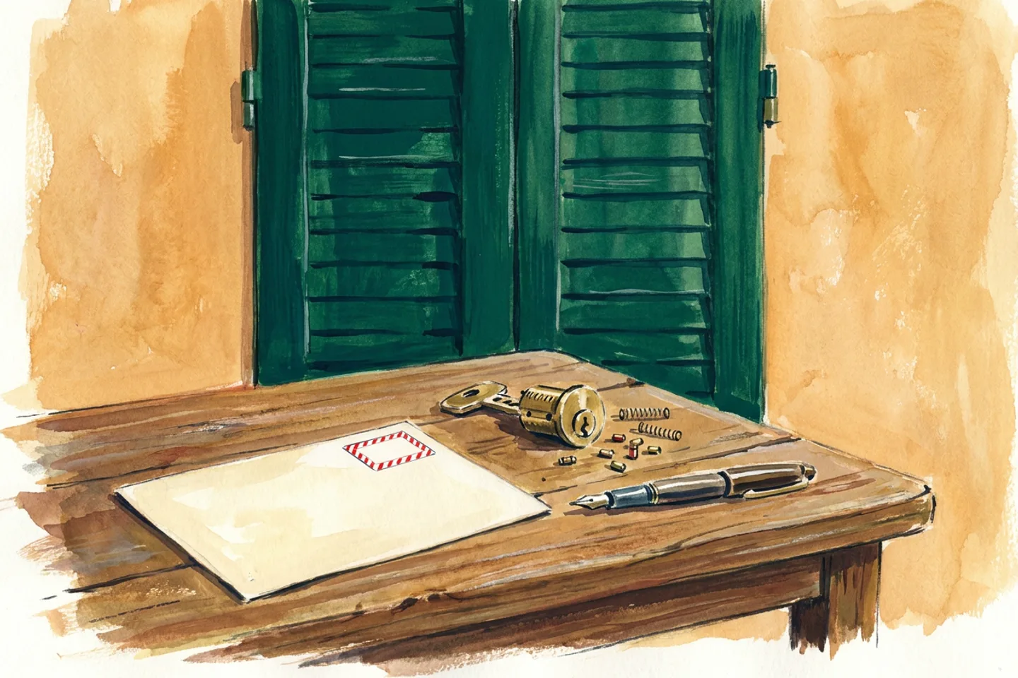 Sur une table de bois, une enveloppe vierge à liseré rouge et blanc, un cylindre de serrure en laiton démonté avec ses goupilles et ses ressorts, et un stylo plume, devant des volets vert d’encre