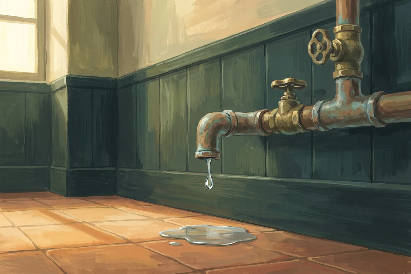 Canalisations de cuivre et vannes de laiton le long d’un lambris vert d’encre, une goutte d’eau tombant sur un sol de tomettes