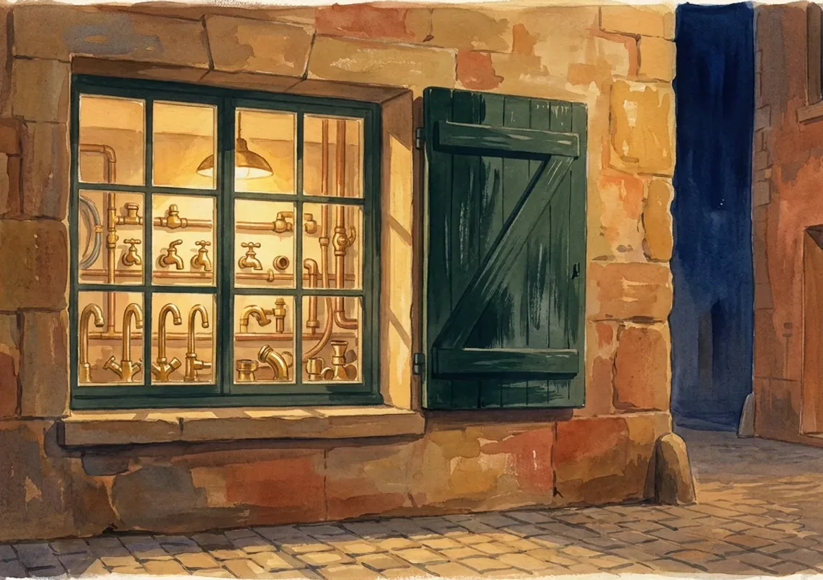 Fenêtre d’atelier de plombier éclairée dans la nuit, robinets de laiton alignés derrière la vitre, volet vert d’encre entrouvert