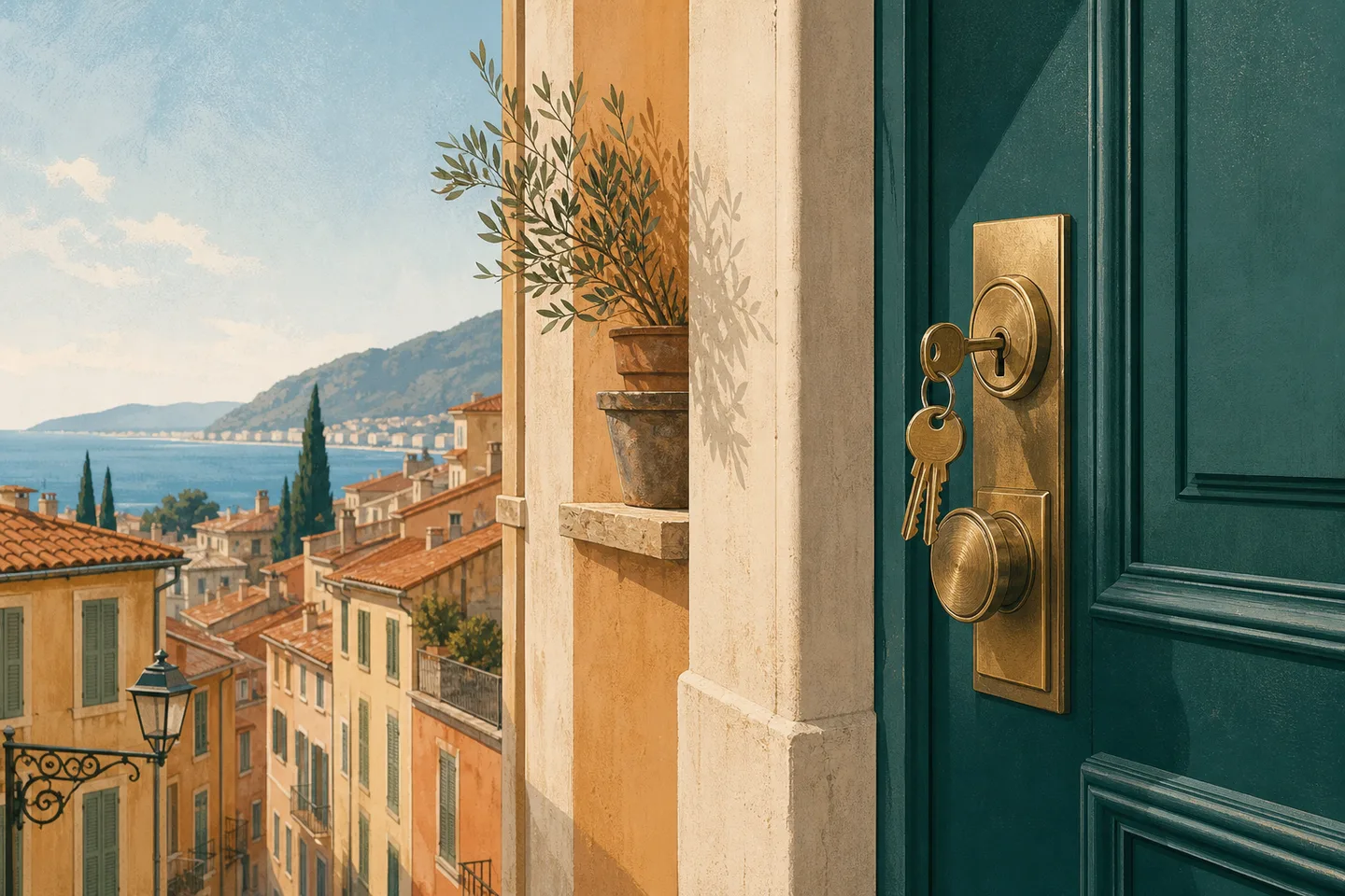 Porte niçoise vert profond et panorama méditerranéen