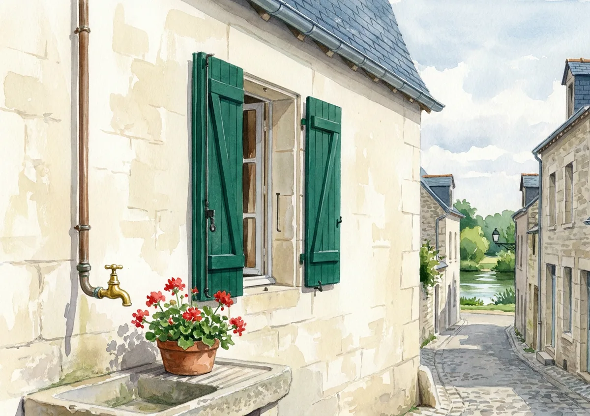Maison de pierre calcaire aux volets vert d’encre, robinet de laiton au-dessus d’un évier de pierre fleuri, ruelle menant à l’Indre