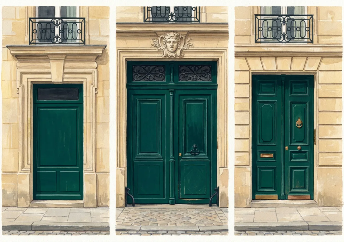 Trois portes bordelaises en vert d’encre — échoppe, porte cochère à mascaron et porte d’immeuble — dans des façades de pierre de taille