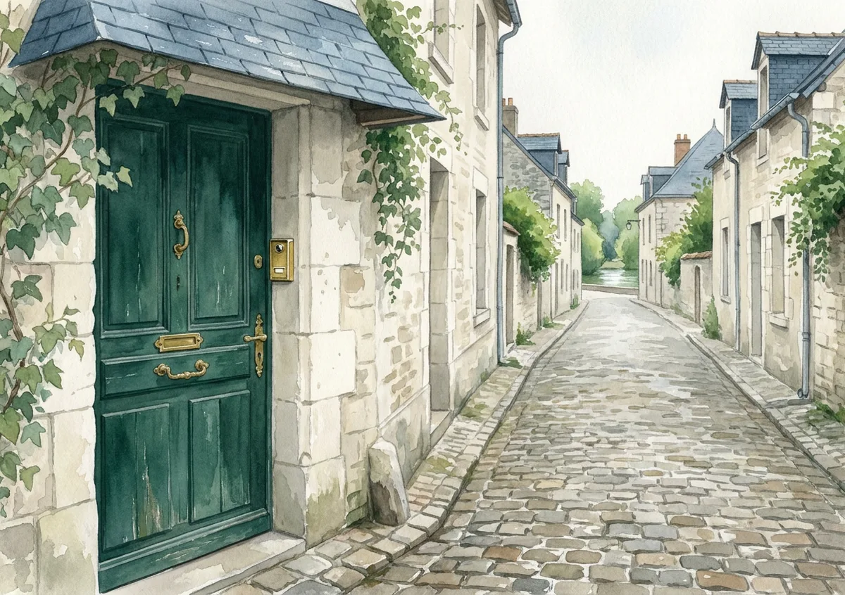 Porte de bois vert d’encre à serrure de laiton dans une façade de pierre calcaire, ruelle pavée de Châteauroux